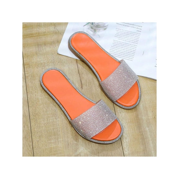 Women's Comfortable Open-Toe Sandals - Solid Color & Sparkly Diamond Design - Summer Flat Slides 2026