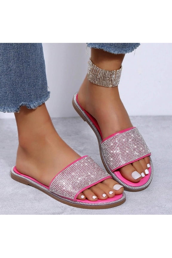 Women's Comfortable Open-Toe Sandals - Studded with Sparkly Diamonds, Solid Color Options, and Summer Flat Design