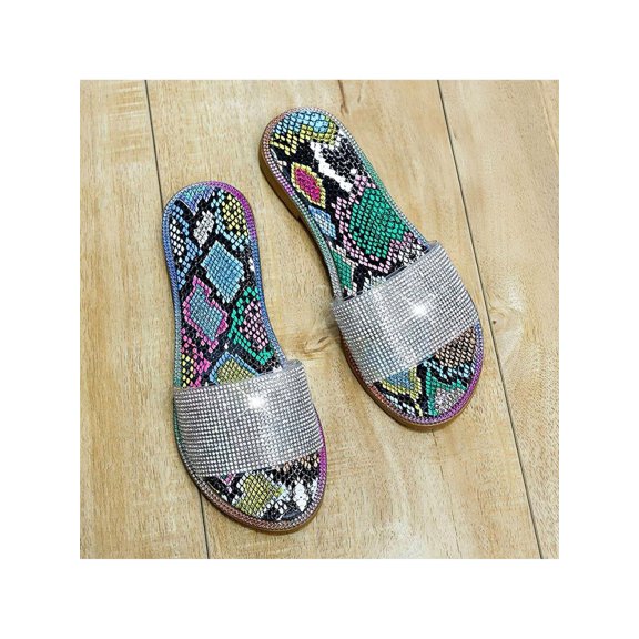 Women’s Comfortable Open-Toe Slippers and Flat Sandals with Sparkly Diamonds - Solid Color Summer Design