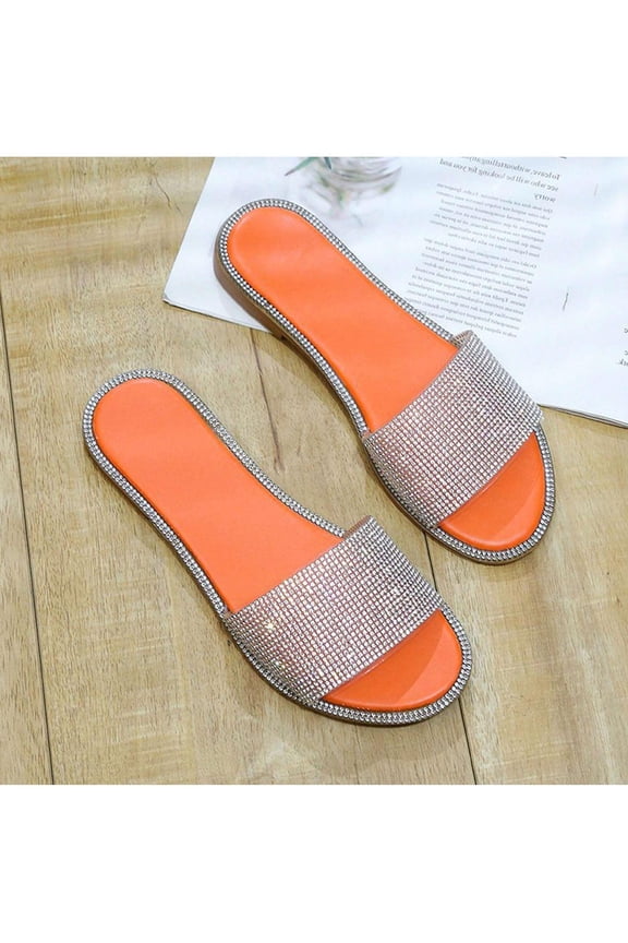 Women’s Comfortable Open-Toe Slippers with Sparkly Diamond and Solid Color, Studded Diamante Summer Flat Sandals Design 2026