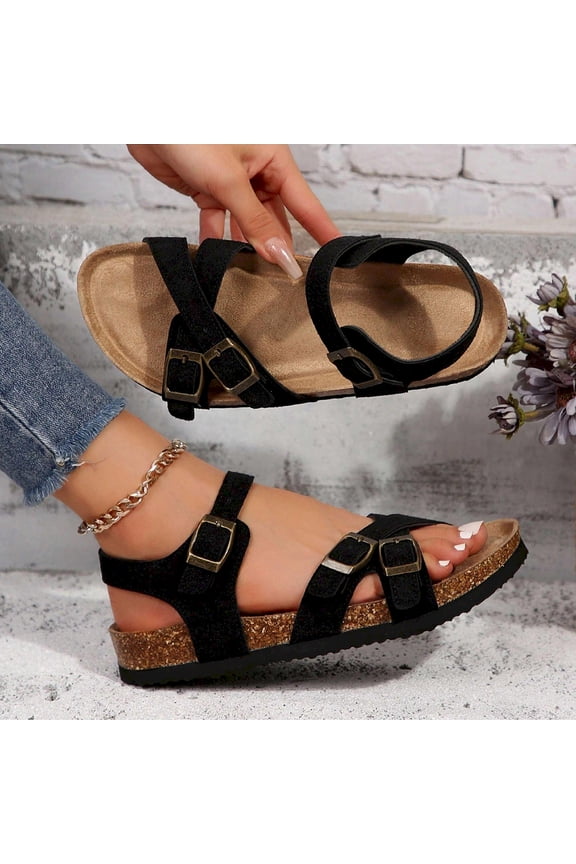 Women’s Comfortable Outdoor Sandals - Adjustable Buckle, Cork Sole with PVC Fabric