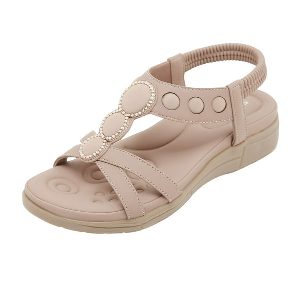 Women's Comfortable Platform Wedge Sandals with Arch Support Lightweight Bohemian Beach Shoes Elastic Ankle Strap & Rhinestone Decor Casual Summer Wedges