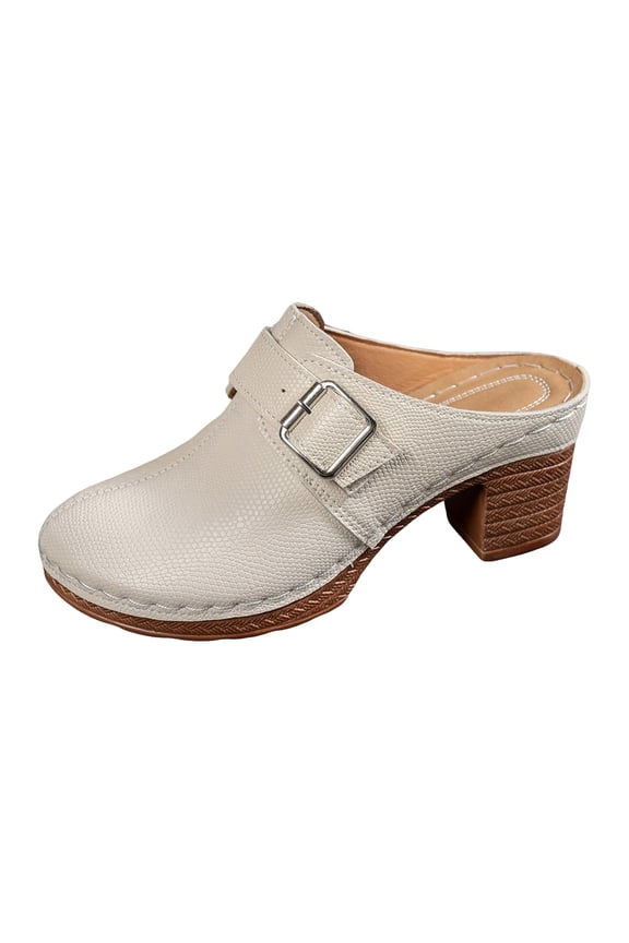 Women's Comfortable Slip On Block Heel Dressy Sandals Buckle Strap Mules Open Back Non Slip Walking Clogs Beige Size 6.5