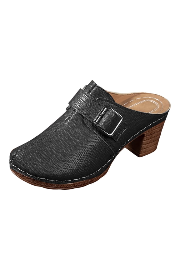 Women's Comfortable Slip On Block Heel Dressy Sandals Buckle Strap Mules Open Back Non Slip Walking Clogs Black Size 6