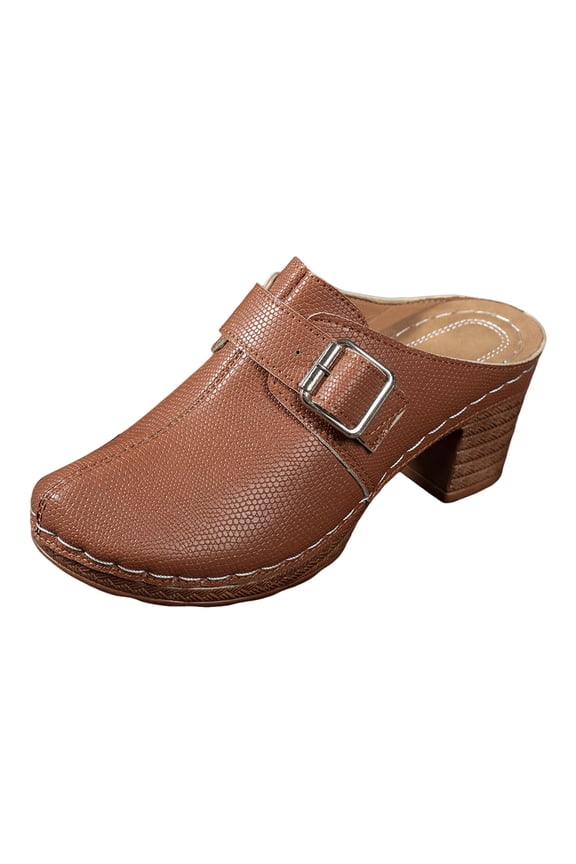 Women's Comfortable Slip On Block Heel Dressy Sandals Buckle Strap Mules Open Back Non Slip Walking Clogs Brown Size 6.5