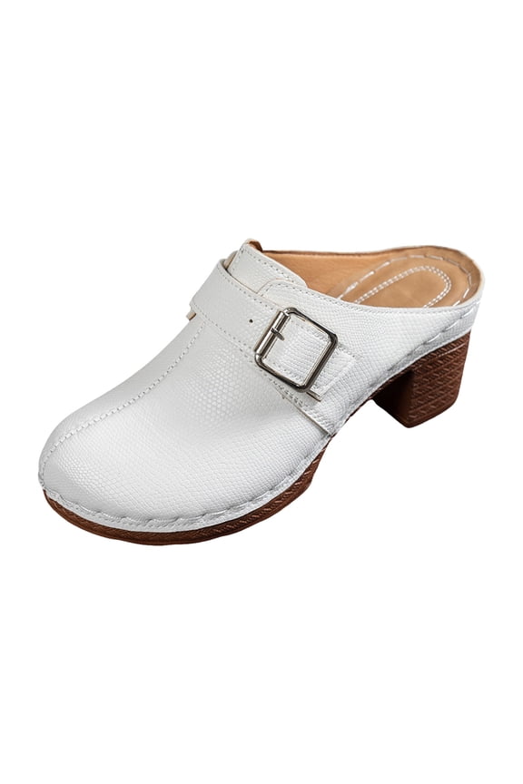 Women's Comfortable Slip On Block Heel Dressy Sandals Buckle Strap Mules Open Back Non Slip Walking Clogs White Size 7.5
