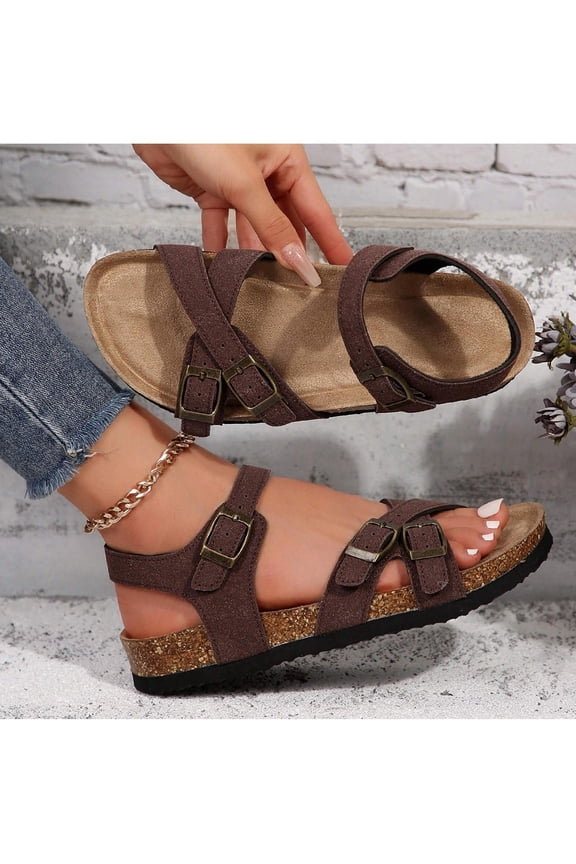 Women’s Comfortable Slip-On Sandals with Adjustable Buckle, Memory Foam Footbed, Soft Cork Sole for Outdoor Use