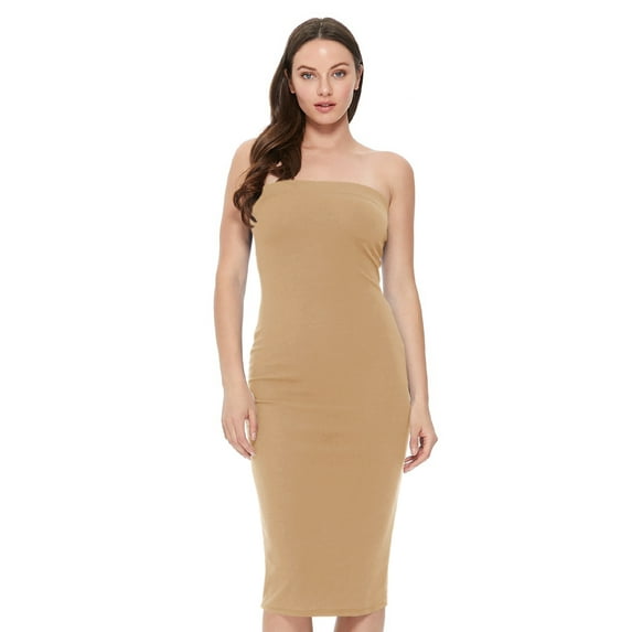 MOA COLLECTION Women's Comfortable Strapless Midi Dress Solid Tube Casual Style