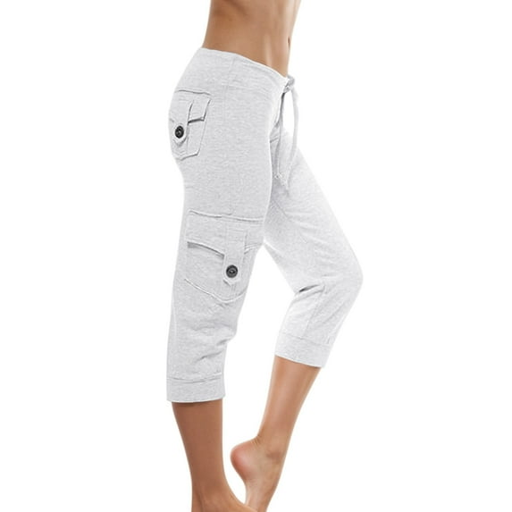 Women's Comfortable Stretch Waist Button Double Pocket Yoga Cargo Capri PantsFashion Clothing Womens Pants Summer Palazzo Pants