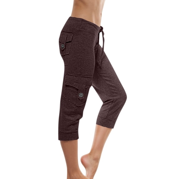 Women's Comfortable Stretch Waist Button Double Pocket Yoga Cargo Capri PantsFashion Clothing Womens Pants Summer Palazzo Pants