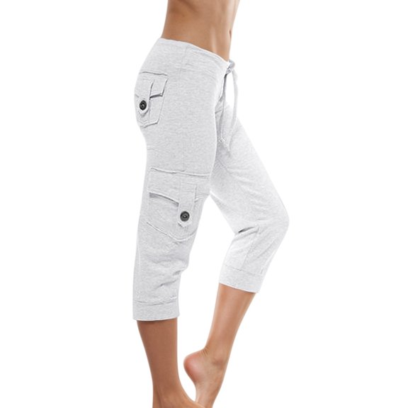 Women's Comfortable Stretch Waist Button Double Pocket Yoga Cargo Capri Pants