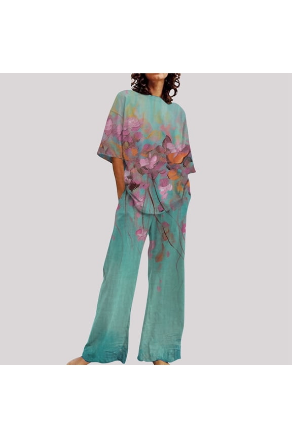 Women's Comfortable Summer O Neck Loose Short Sleeve Floral Print Top Shirt With Pants Large Size 2 Piece Set Pant Suits for Women Dressy Wedding Chiffon Overlay Jumpsuit Pantsuit for Women Dressy