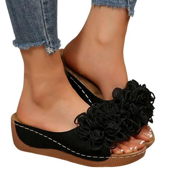 Women's Comfortable Wedge Sandals Slip On Fashion Lace Floral Platform Non Slip Open Toe Summer Dress Shoes with Arch Support Black Size 7.5
