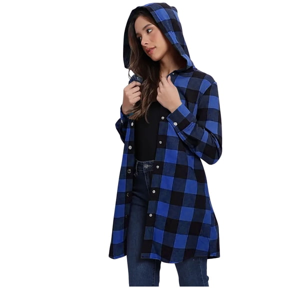 Women's Comfty Jacket Solid Long Sleeve Button Comfortable With Pockets Hooded Blue Fall And Winter Lattice Splice Windbreaker ( S )
