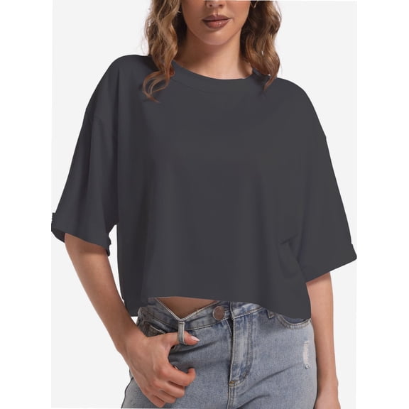 Women's Comfy Basic Workout Gym Short Sleeve Crop Tops Casual Loose Oversized T-Shirts