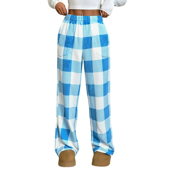 Women's Comfy Casual Pajama Pants Bottom with Pockets Stretch Plaid Sleepwear Sky Blue M