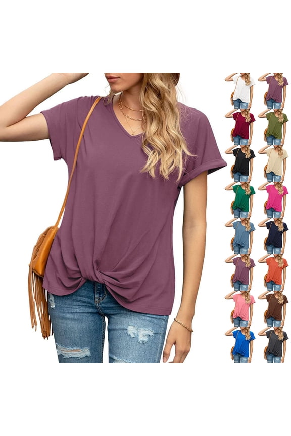 Women's Comfy Casual Summer Tops Short Sleeve V Neck Blouses T Shirts Twist Knot Tees Purple L