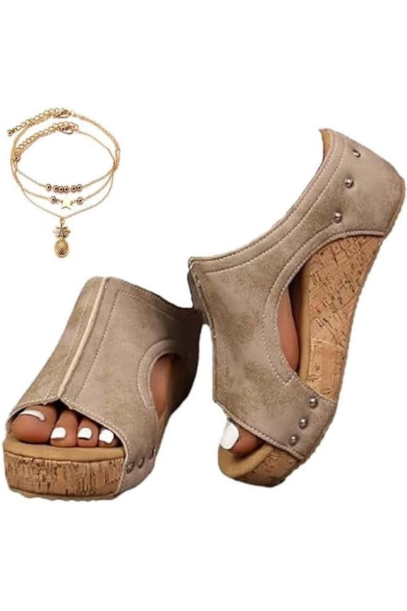 Women's Comfy Cork - Wedge Platform Slides - Thick - Soled, Anti - Slip Summer Sandals in Artificial Leather