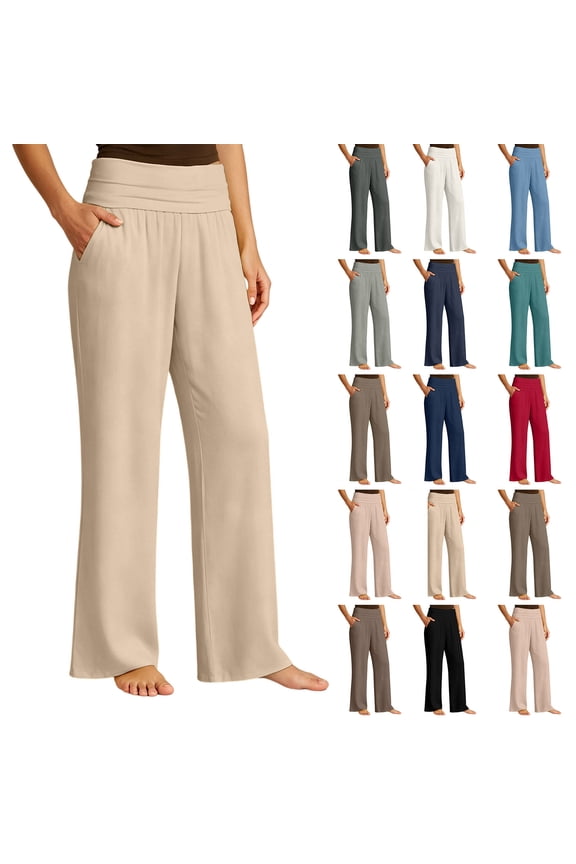 Women's Comfy Cotton Blend Wide Leg Pants, High Elastic Waist with Pockets, Loose Fit Casual Trousers for Yoga, Work, Daily Wear, Womens Summer Ankle | VerBelle,Brown XS