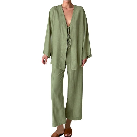 Women's Comfy Cotton Lounge Sets 2 Piece Casual Fall Winter Pajamas Suit Vintage Tops and Wide Leg Pants Set Daily Homewear