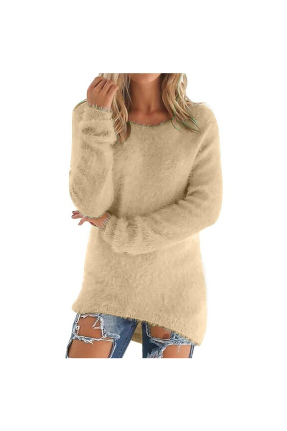 Women's Comfy Fuzzy Pullovers Loose Fluffy Fuzzy Jumper Sweater Long Sleeve Crew Neck Tunic Sweater