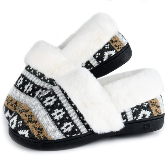 Women's Comfy House Slippers with Faux Fur Lining, Memory Foam Slip on House Shoes Nordic with Indoor Outdoor Anti-Skid Rubber Sole, Grey, 7-8