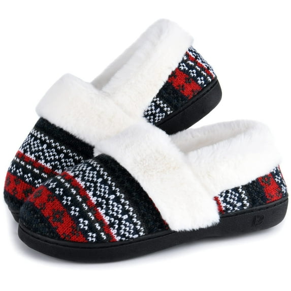 Women's Comfy House Slippers with Faux Fur Lining, Memory Foam Slip on House Shoes Nordic with Indoor Outdoor Anti-Skid Rubber Sole, Grey, 7-8