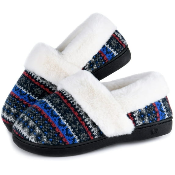 Women's Comfy House Slippers with Faux Fur Lining, Memory Foam Slip on House Shoes Nordic with Indoor Outdoor Anti-Skid Rubber Sole, Grey, 7-8