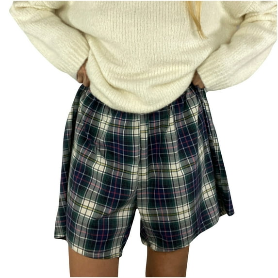 Women's Comfy Linen Elastic Waisted Plaid Shorts Button Summer Casual Plus Size Pajama Shorts with Pockets Black,XL