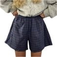 thumbnail image 1 of Women's Comfy Linen Elastic Waisted Plaid Shorts Button Summer Casual Plus Size Pajama Shorts with Pockets Dark Blue,L, 1 of 3