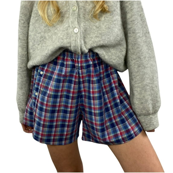 Women's Comfy Linen Elastic Waisted Plaid Shorts Button Summer Casual Plus Size Pajama Shorts with Pockets Navy,XL