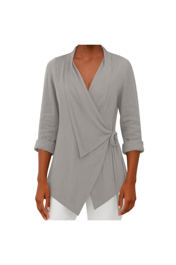 Women's Comfy Linen Tops Boucle Wrap Jacket Casual Long Ruched Sleeve Lightweight Chiffon Blazer Irregular Hem Tunic Tops (M, Gray)