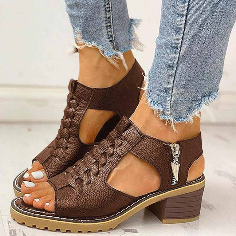 Women s Orthopedic High Arch Support Comfy Sandals Peep Toe Cutout Zipper Chunky Heeled Black 7.5 Walmart