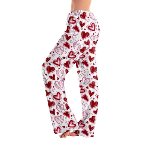 Women's Comfy Pajama Lounge Pants Heart Funny Holiday Love Heart Pj Pants Drawstring Jogger Wide Leg Athletic Pants