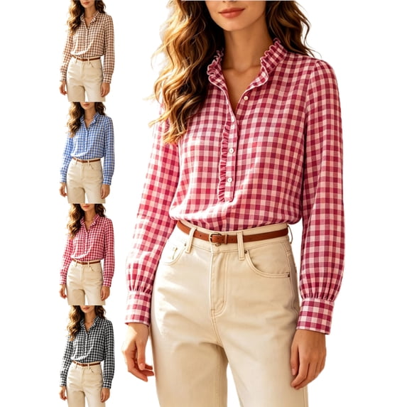 Women's Comfy Plaid Blouse Ruffle Collar Long Sleeve Button Front Regular Fit Weekend Wear Shirt