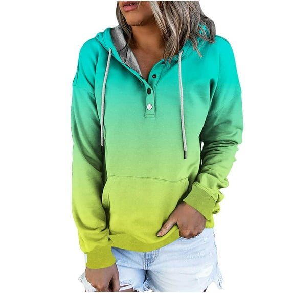 Women's Comfy Pullover Hoodie 1/4 Button V Neck Gradient Solid Casual Hooded Sweatshirt Pocket Long Sleeve Tops (XX-Large, Light Blue)