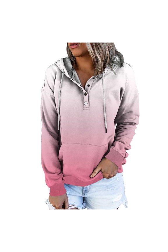 Women's Comfy Pullover Hoodie 1/4 Button V Neck Gradient Solid Casual Hooded Sweatshirt Pocket Long Sleeve Tops (XX-Large, Pink)