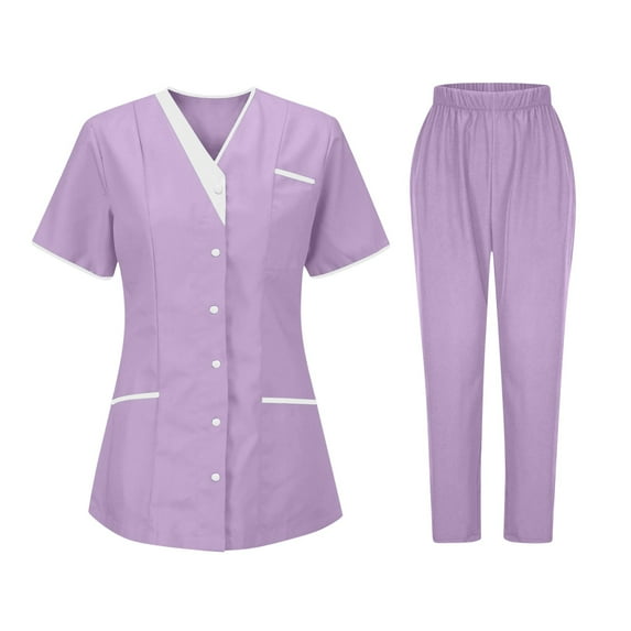 Women's Comfy Solid Color Scrub Sets Pockets 4-Way Stretch V-neck Top & Straight Pants for Women set Medical Uniform Women and Man Scrub Set Soft Top and Waist Pants with Pockets