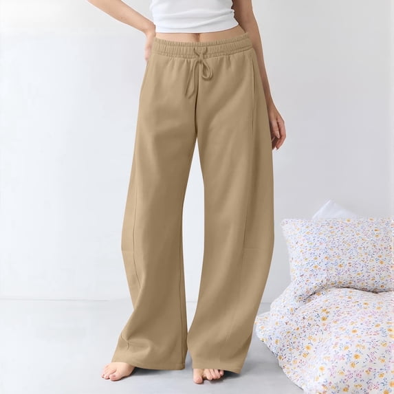 Women's Comfy Solid Wide-Leg Pants - Elastic Waist Side Pockets, Casual Loose-Fit Pants Perfect for Weekend Getaways, Grocery Runs & Brunch Khaki S