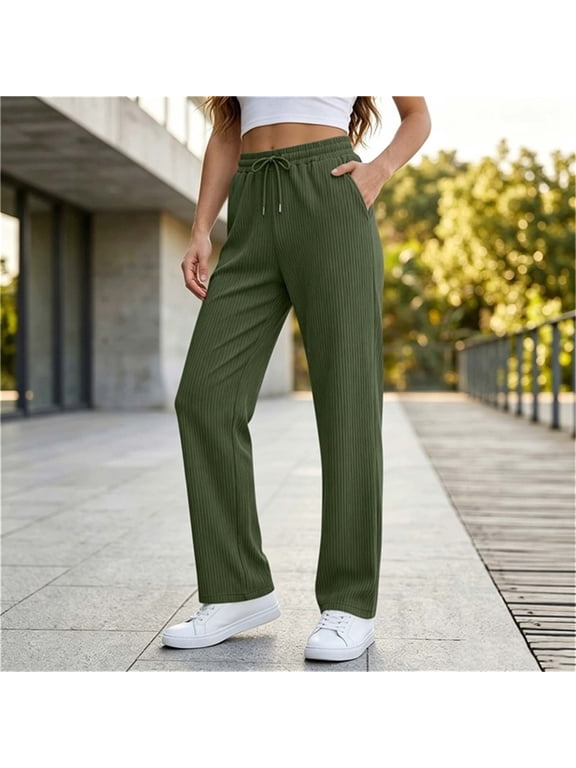 Women's Comfy Straight Leg Sweatpants Casual High Waist Drawstring Athletic Trousers Ribbed Knit Workout Activewear Lounge Pants with Side Pockets