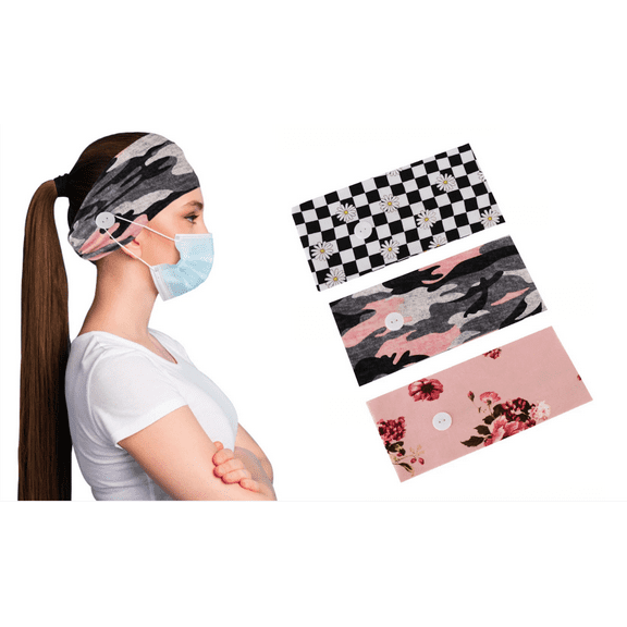 Women's Comfy Stretchy Headband with Buttons for Face Masks & Covers(3-Pack)