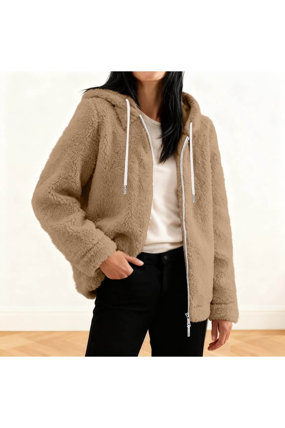Women's Comfy Warm Jacket Plus Size Zip up Hoodie Fleece Winter Coat Soft Fuzzy Cardigan with Pockets New Beige L