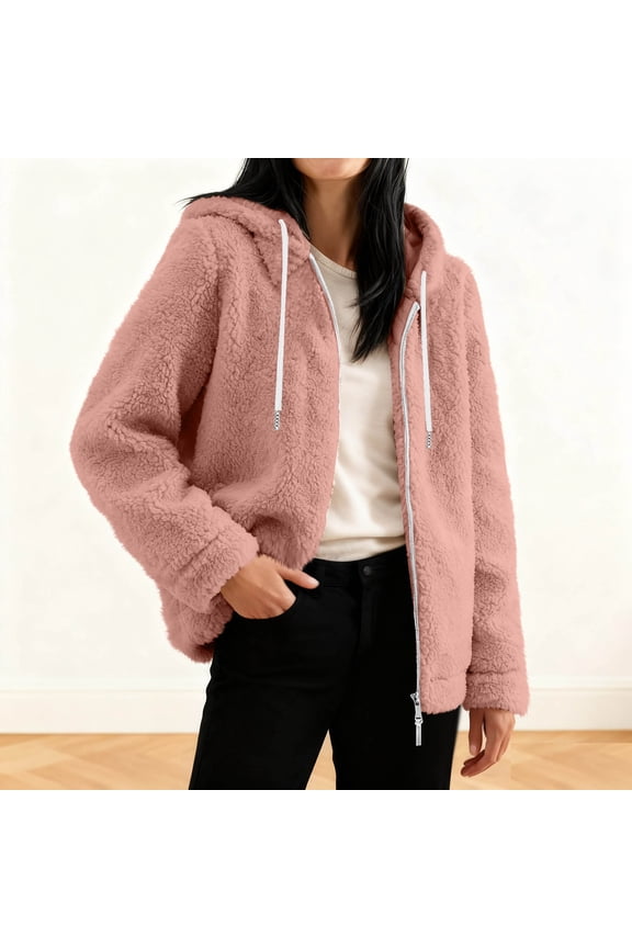 Women's Comfy Warm Jacket Plus Size Zip up Hoodie Fleece Winter Coat Soft Fuzzy Cardigan with Pockets New Pinky S