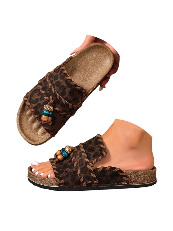 Women's Comfy Wide Width Slide Sandals Slip On Cork Foot Bed Boho Dressy Summer Casual for Ladies Beach Walking Daily Outdoor Wear(Brown,Size 5.5)