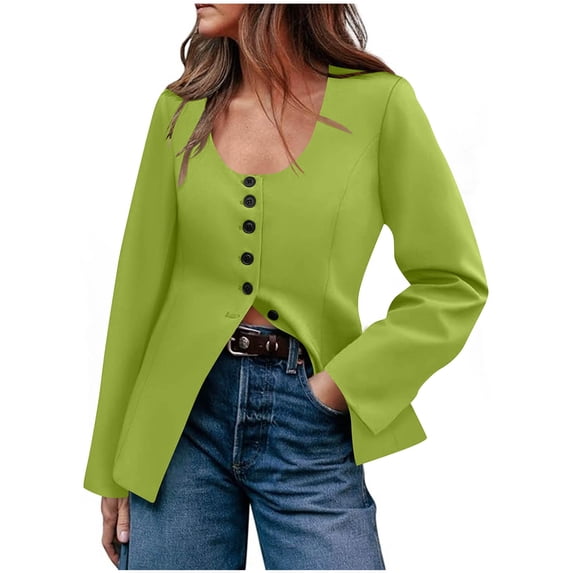 Women's Commuter Jacket Solid-Color U-Neck Long Sleeve Open Hem Coats Button Front Blazer Sizes S-3XL