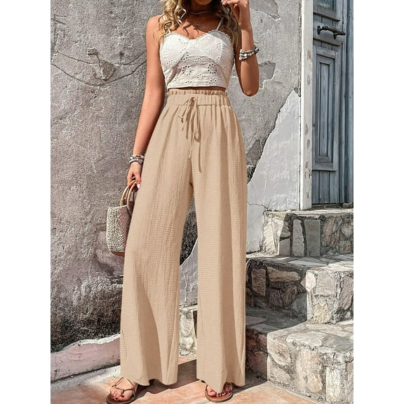 New Women's Commuting Loose and Versatile Bubble Grid Casual Strap Wide Leg Pants