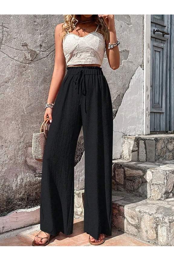 Women's Commuting Loose and Versatile Bubble Grid Casual Strap Wide Leg Pants