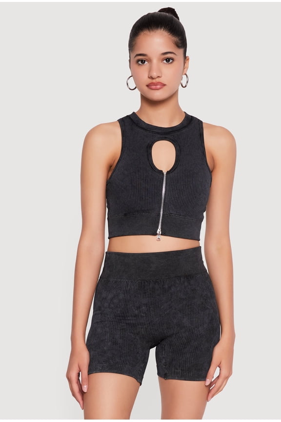 Women's Compression Rib Zip Front Cutout Detail Crop Top