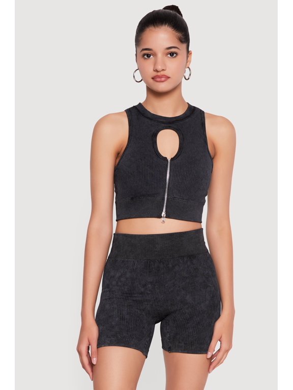 Women's Compression Rib Zip Front Cutout Detail Crop Top