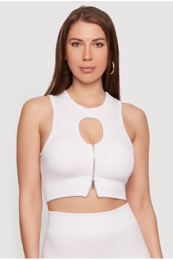 Women's Compression Rib Zip Front Cutout Detail Crop Top